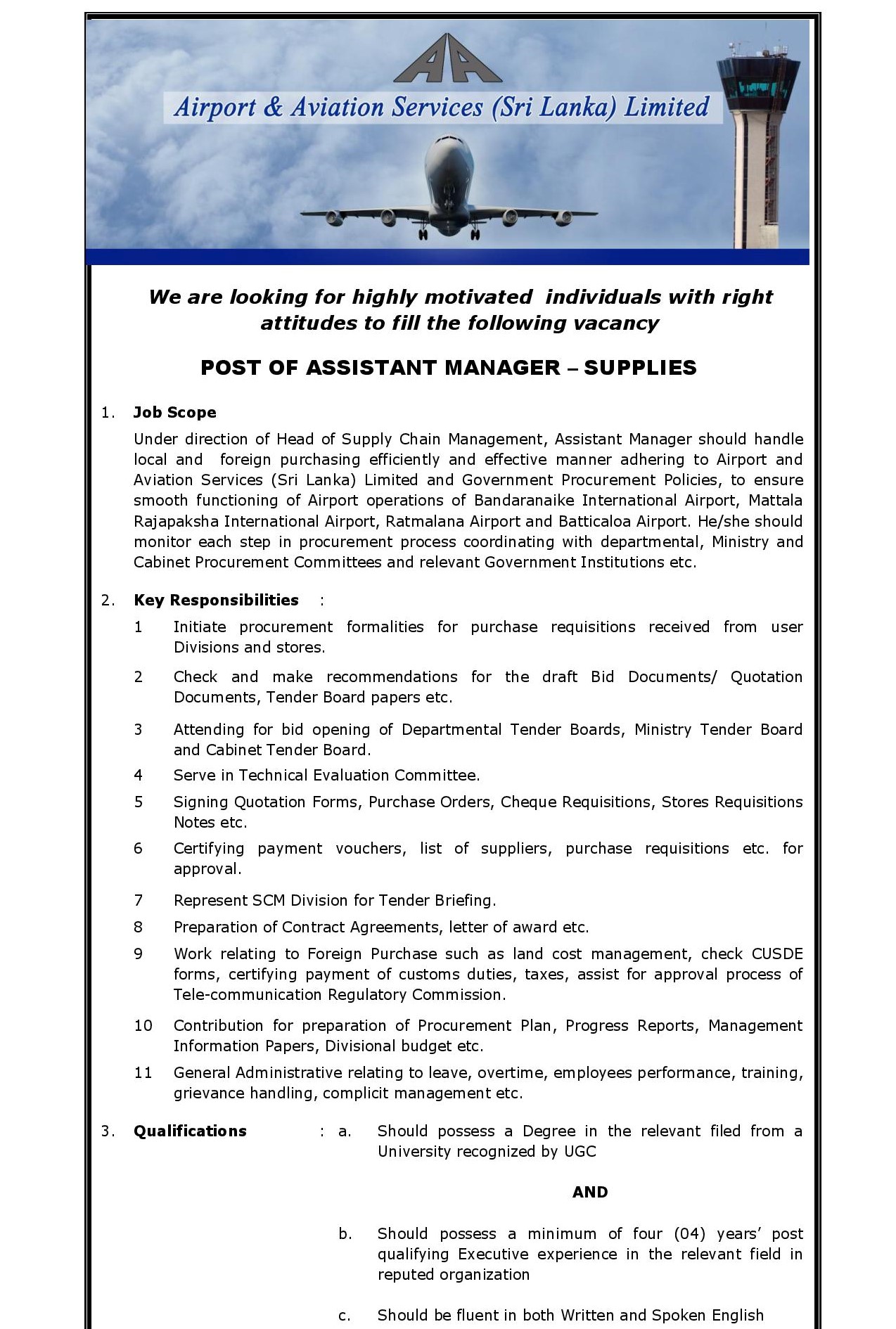 Assistant Manager (Supplies) - Airport & Aviation Services (Sri Lanka) Ltd